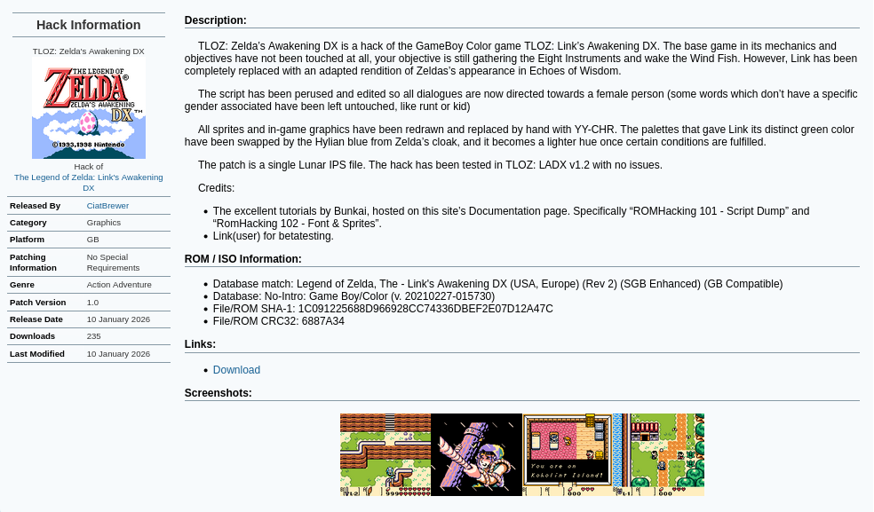 A screenshot of the Romhacking.net page of the romhack.