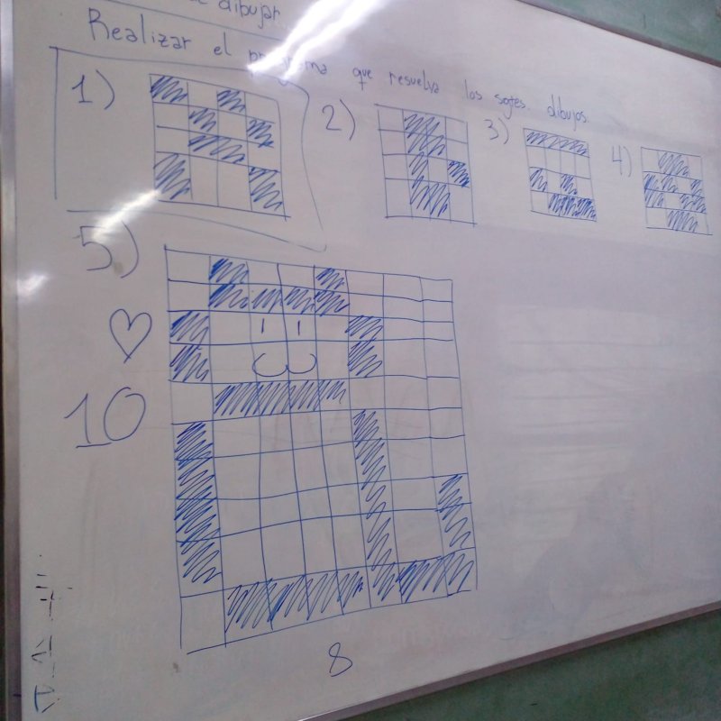 A whiteboard. On it many patterns in 4x4 grids, plus a cat pixel pattern in an 8x10 grid with a :3 face and a heart. On top it reads: Write the program that would draw the following: